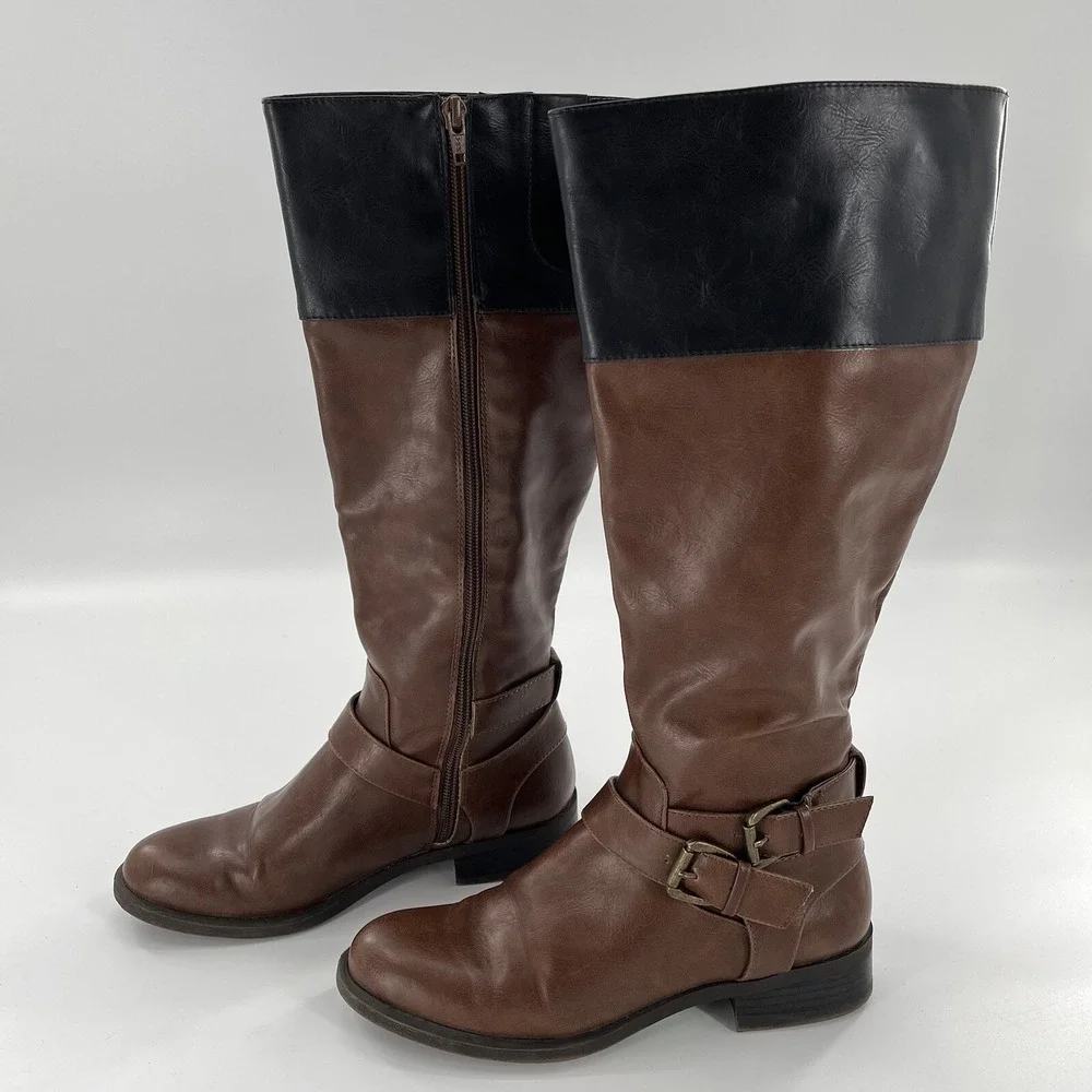 Nine West‎ Riding Boot Women 6.5 M Brown and Black Tall Strap Zip Buckle Leorawm